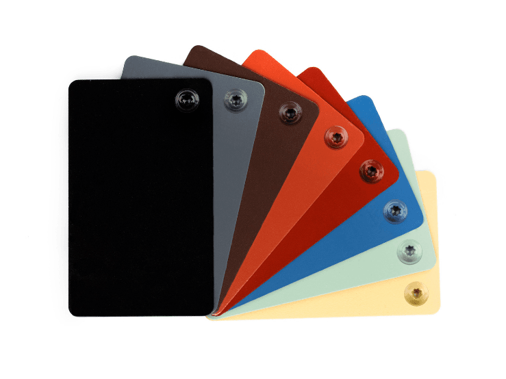 Colour selection swatches and matched fasteners Colour swatches with matching coated fasteners for colour selection.